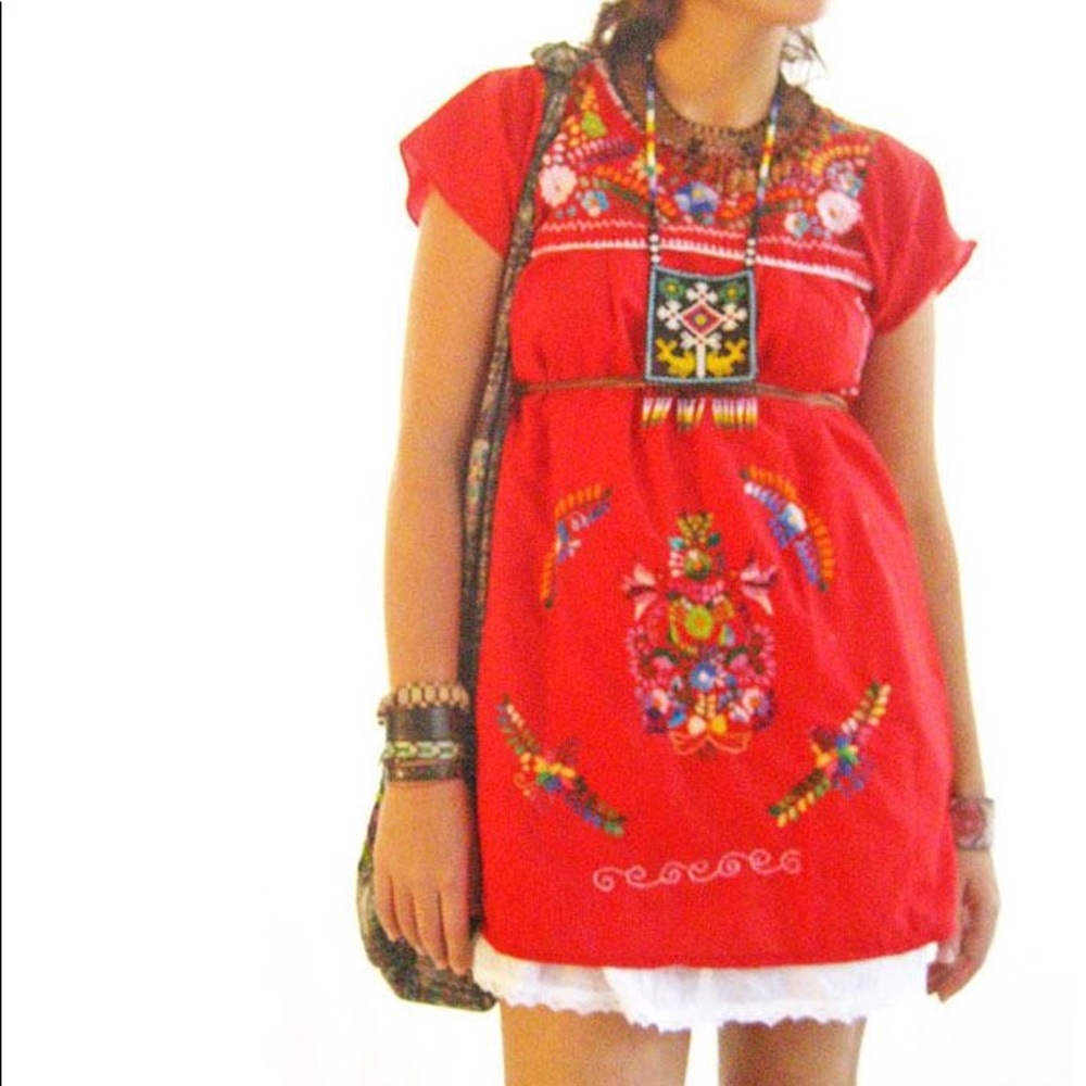 Mexican Embroidered Vintage Dress Red